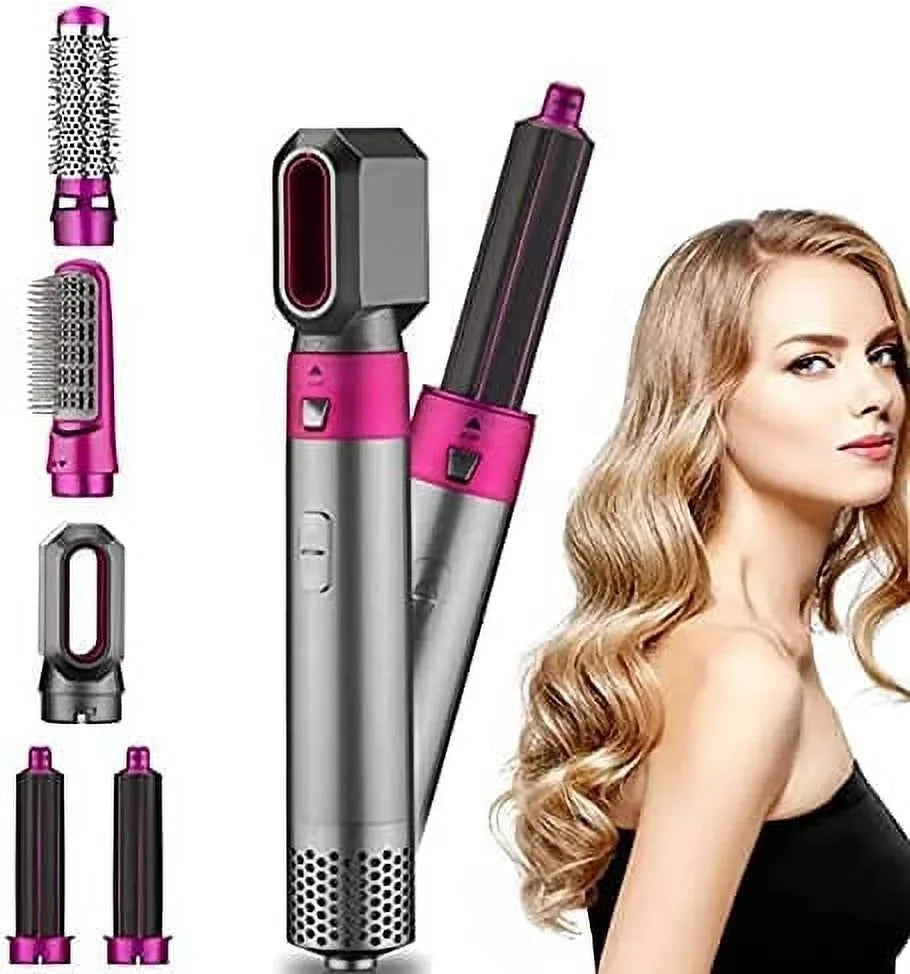 5-in-1 Electric Hair Dryer Brush - Negative Ionic Hair Styler with Detachable Brush Heads - Blow Dryer Brush for Straightening and Automatic Curling Styling, Color: Pink