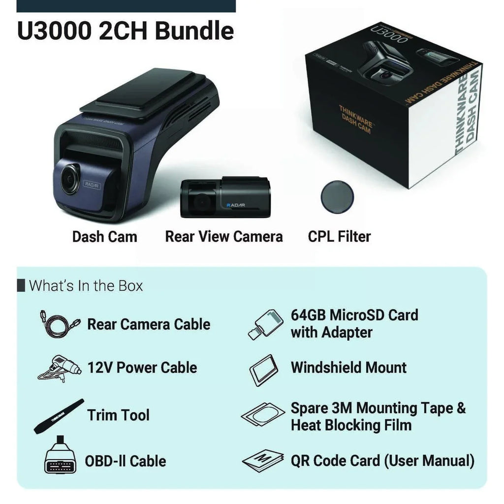THINKWARE U3000 Ultra 4K Dash Cam Front and Rear 2CH STARVIS 2 Sensor Super Night Vision Dashcam for Car Camera 5GHZ WiFi GPS Radar Buffered Parking Mode CPL Seed Red Light Alerts OBD Cable