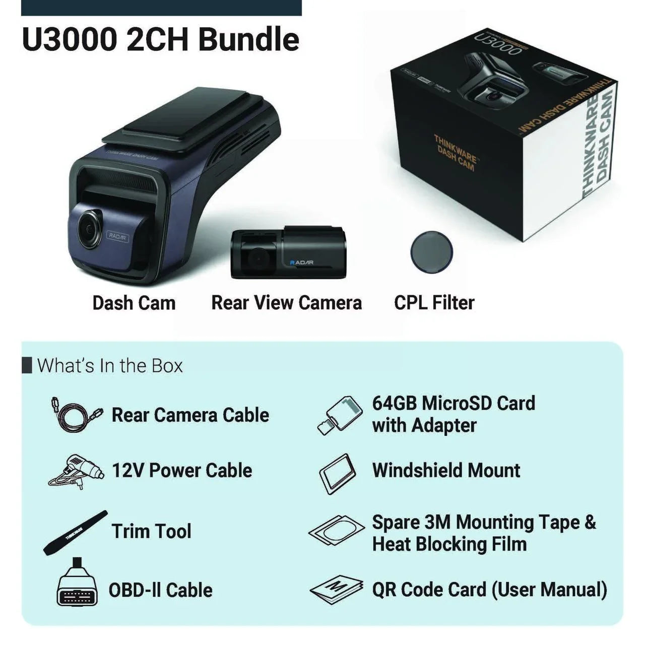 THINKWARE U3000 Ultra 4K Dash Cam Front and Rear 2CH STARVIS 2 Sensor Super Night Vision Dashcam for Car Camera 5GHZ WiFi GPS Radar Buffered Parking Mode CPL Seed Red Light Alerts OBD Cable