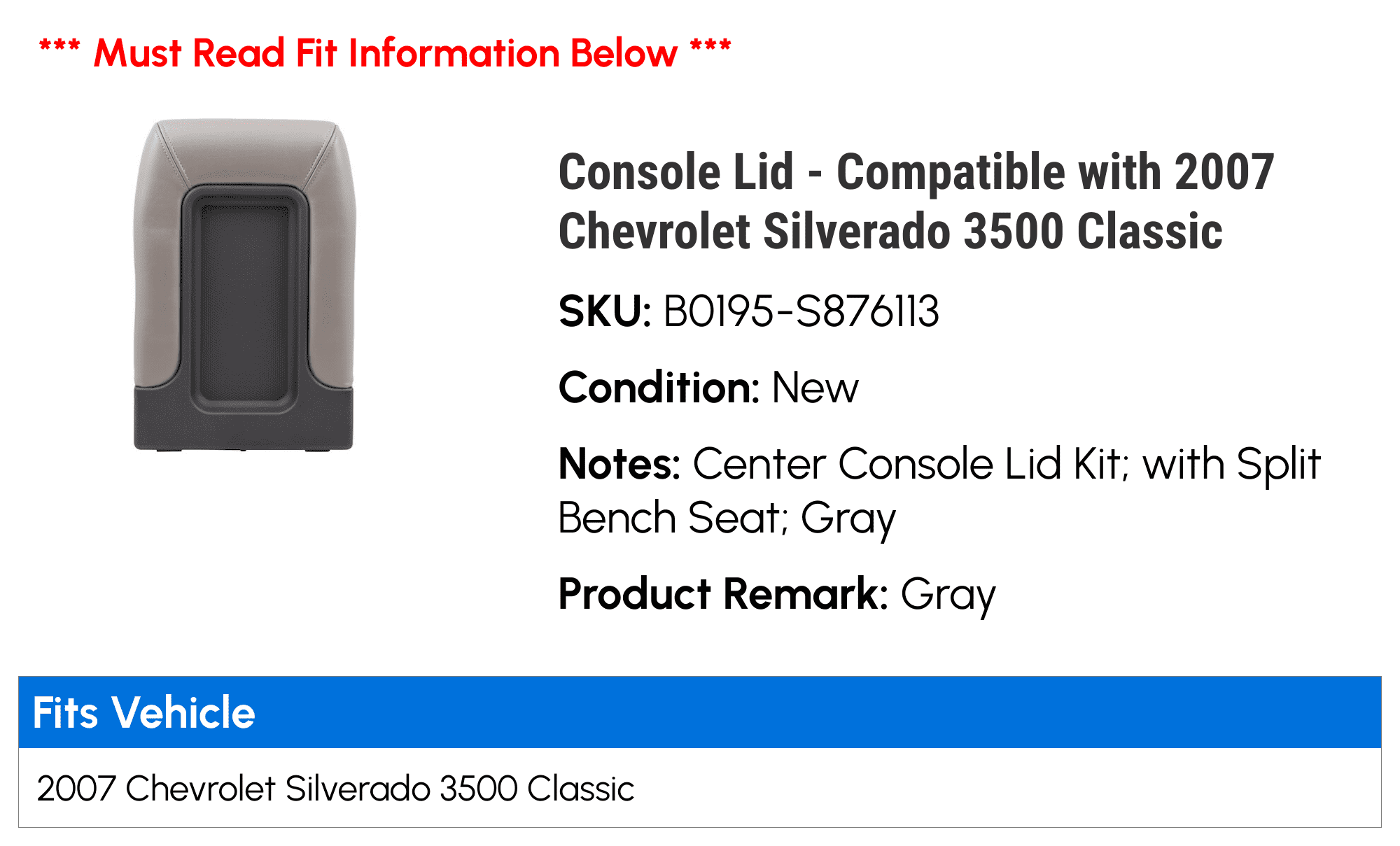 Console Lid - Compatible with 2007 Chevy Silverado 3500 Classic