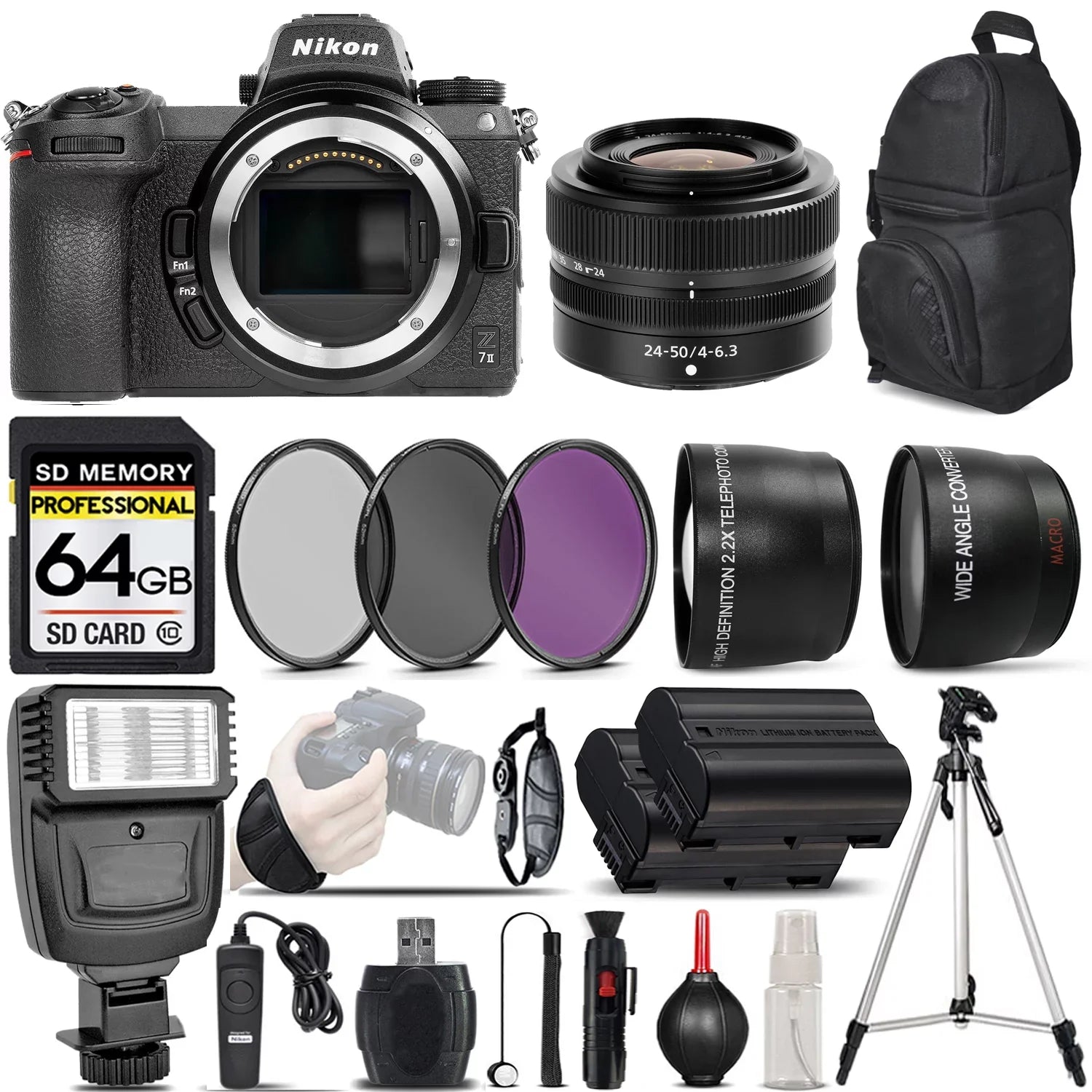 Z7 II Mirrorless Digital Camera with 24-50mm f/4-6.3 Lens + 0.43X Wide Angle Lens + 2.2x Telephoto Lens + Flash + 64GB Memory Card + UV-CPL-FLD Filters + Remote Control + Wrist Grip - Internatio