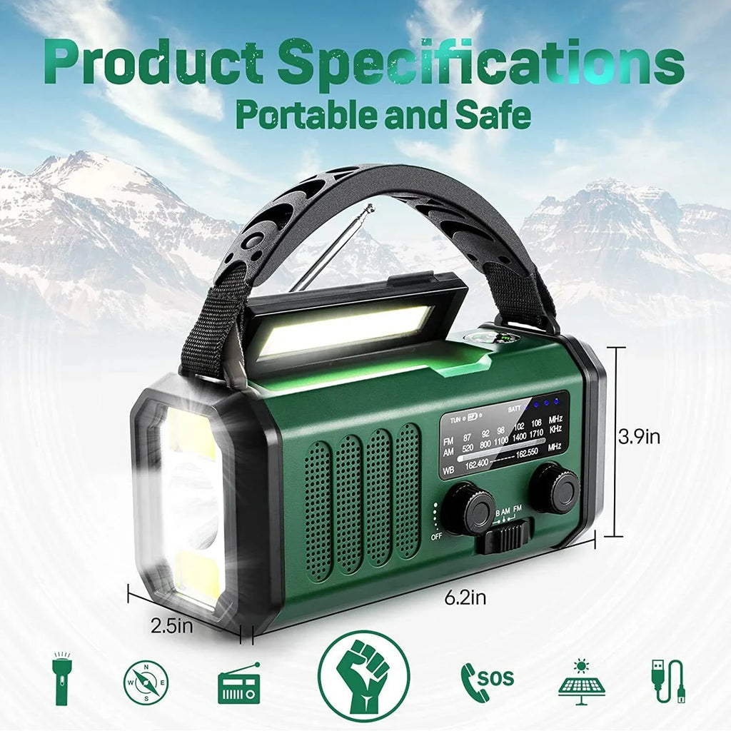 10000mAh Emergency Solar Hand Crank Weather Radio Power Bank Charger with Flashlight