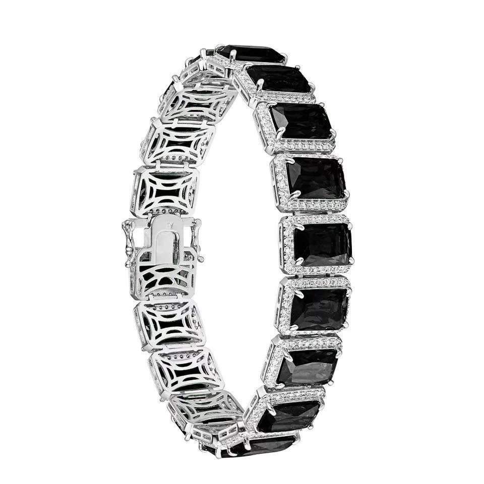 14K White Gold Finish Onyx Black SimuLatitudeed Diamonds Solitaire Mens Ladies Bracelet 10mm / 8.5 Inch