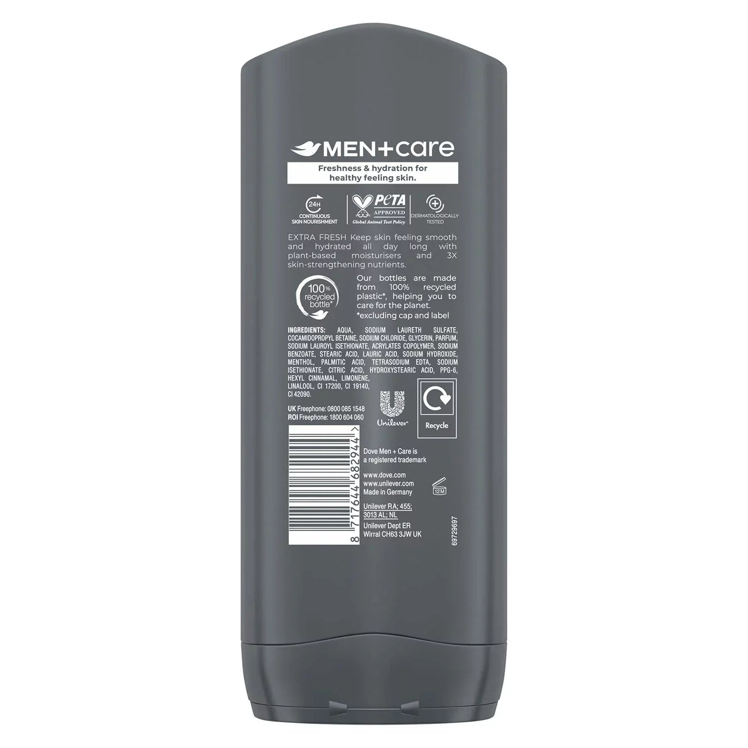 Dove Men + Care Refreshing Extra Fresh 3-In-1 Hair, Body And Face Wash Pack Of 3 With 24-Hour Nourishing Micromoisture Technology Body Wash For Men 400 Ml
