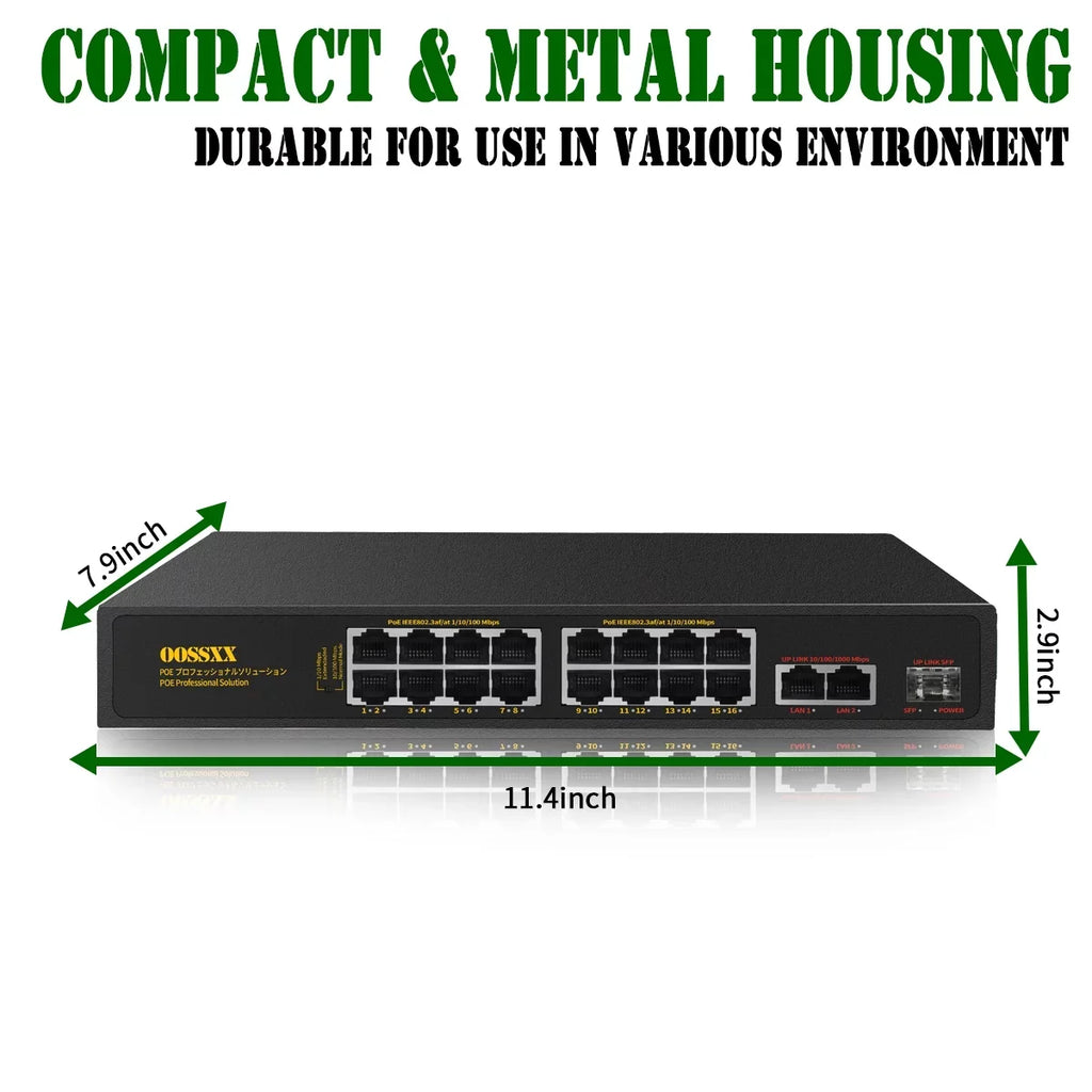 16 Port POE Switch, Unmanaged Outdoor Computer Network Passthrough Powered Router, Networking Internet Ethernet Hub (16 Port PoE+/2 Gig Up-link/1 Fiber SFP) Power Extender Switches