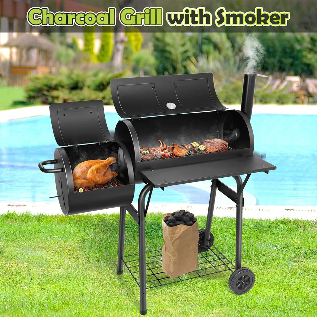 Outdoor BBQ Grill, Barrel Charcoal Grill with Offset Smoker, Camping Barbecue Grill for Patio Backyard Garden Party Picnic, Large 420.SQ.IN Cooking Area, 2 Screwdrivers & 6 Hooks - Black