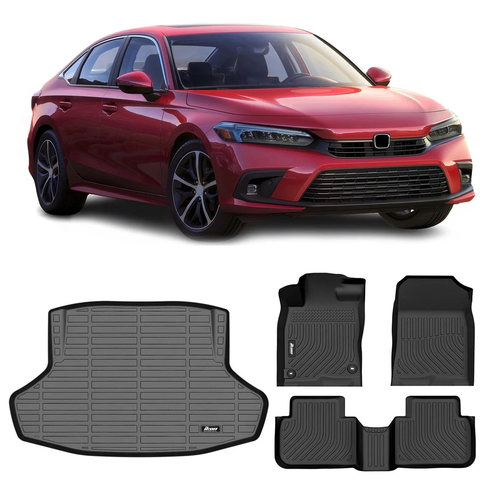 Ikon Motorsports 3D TPE Floor Mats + Trunk Mat, Compatible with 2022-2024 Honda Civic Black All Weather Waterproof Anti-Slip Floor Liners Front & 2nd Row Full Set Interior Storage Cover Accessories