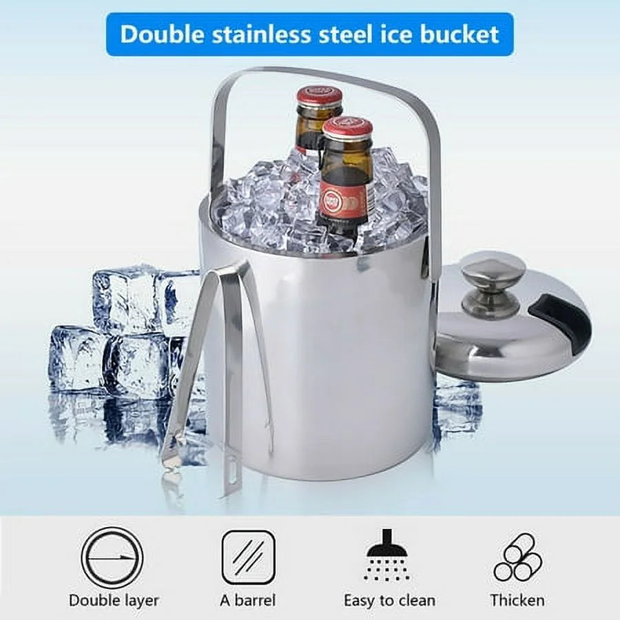 Double-Wall Stainless-Steel InsuLatitudeed Ice Bucket With Lid & Ice Tong 1300 ML