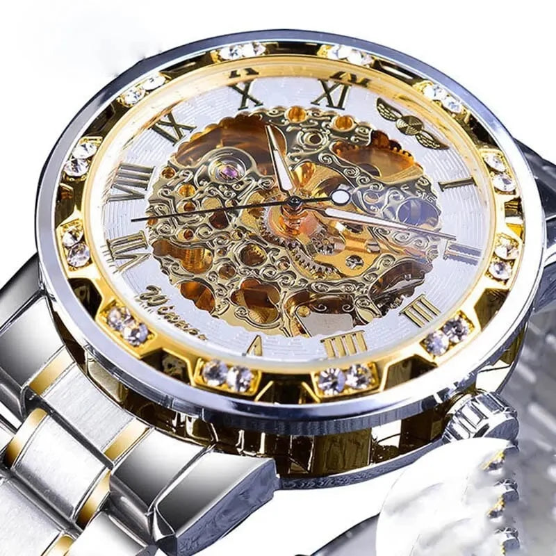 Men Mechanical Skeleton Wrist Watch 1pc Silver Exquisite Diamond Gear Movement Business Luxury Gift Gold White