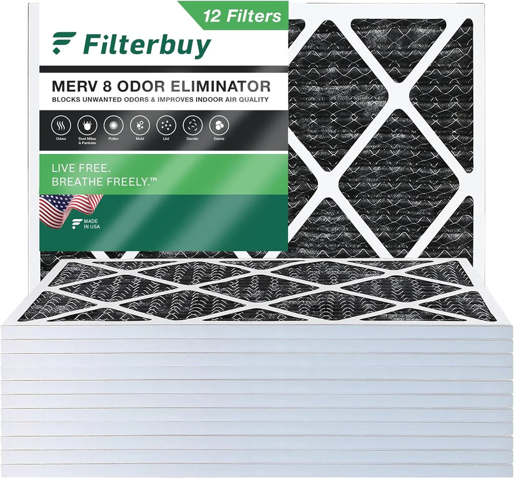Filterbuy 24x25x1 MERV 8 Odor Eliminator Pleated HVAC AC Furnace Air Filters with Activated Carbon (12-Pack)
