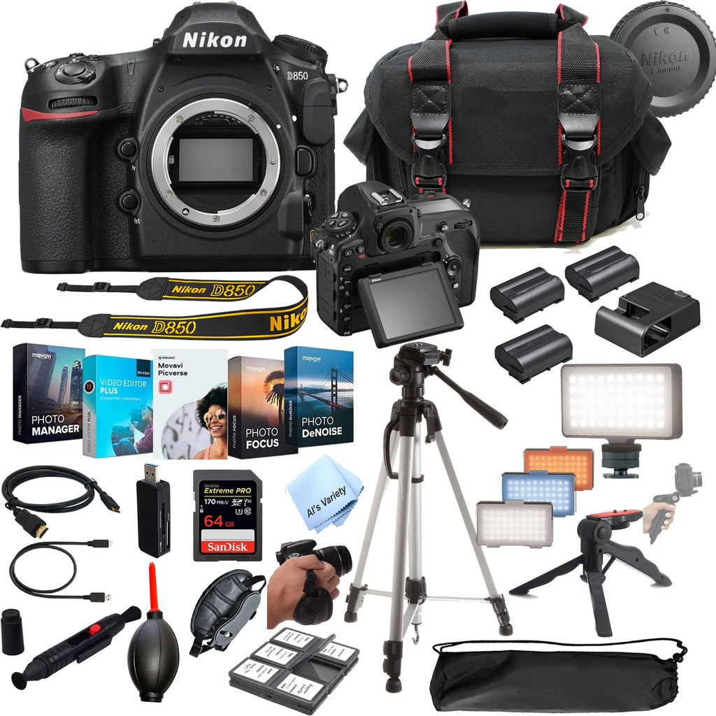 D850 DSLR Camera 45.7 MP Body No Lens- 64GB Extreme Speed Card, LED Always on Light, Tripod,Gripod, Case, and More 30pc Video Bundle
