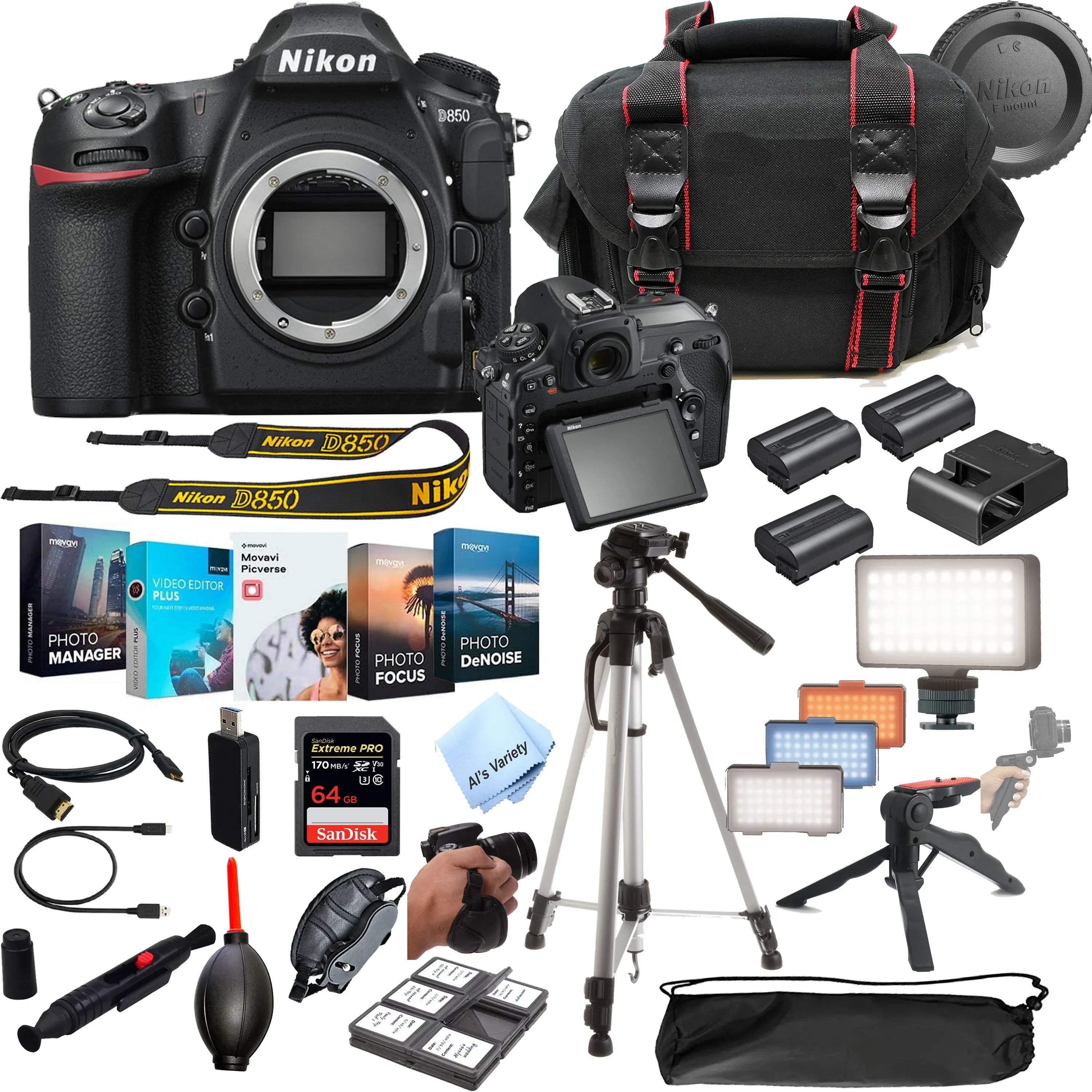 D850 DSLR Camera 45.7 MP Body No Lens- 64GB Extreme Speed Card, LED Always on Light, Tripod,Gripod, Case, and More 30pc Video Bundle