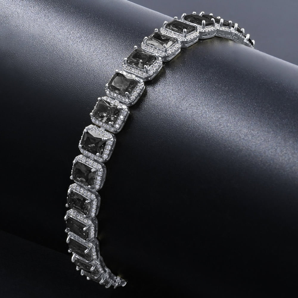 14K White Gold Finish Onyx Black SimuLatitudeed Diamonds Solitaire Mens Ladies Bracelet 10mm / 8.5 Inch