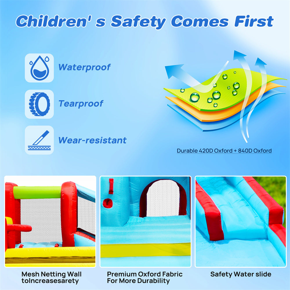 InfLatitudeable Water Slide,7 in 1 Bounce House with Slide,Climbing Wall, Splash Pool, Basketball Rim,Outdoor Backyard Fun Toys for Kid,Blower Included