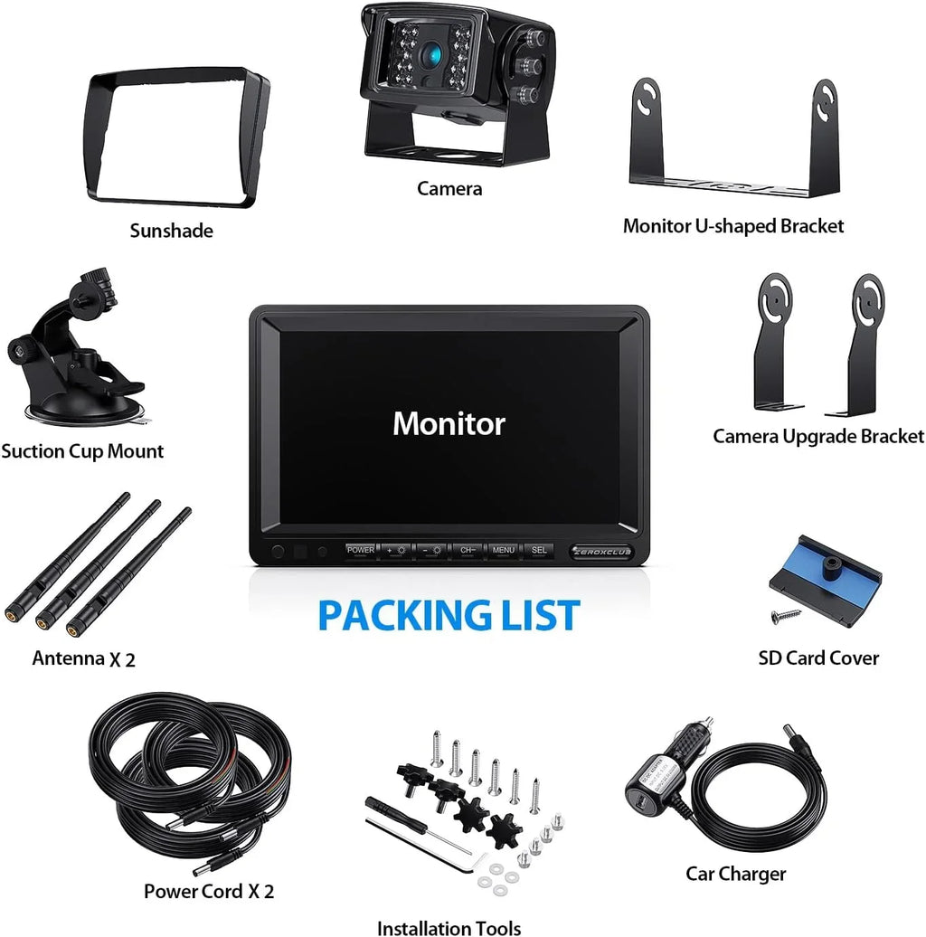 ZEROXCLUB Wireless Backup Camera 7'' 1080P HD LCD Monitor IP69 Waterproof Night Vision Parking System for RV/Truck/Trailer/Van/Bus SW01