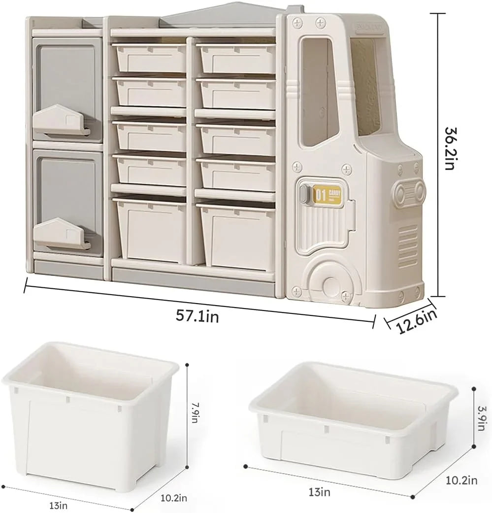 RUNFAYBIU Toy Organizer  Multi-Functional Bookshelf and Toy Box  Closed Cabinet and Pull-Out Drawer for Playroom  Children's Bedroom and Nursery. (10 Organizer Boxes + 2 Organizer Cab