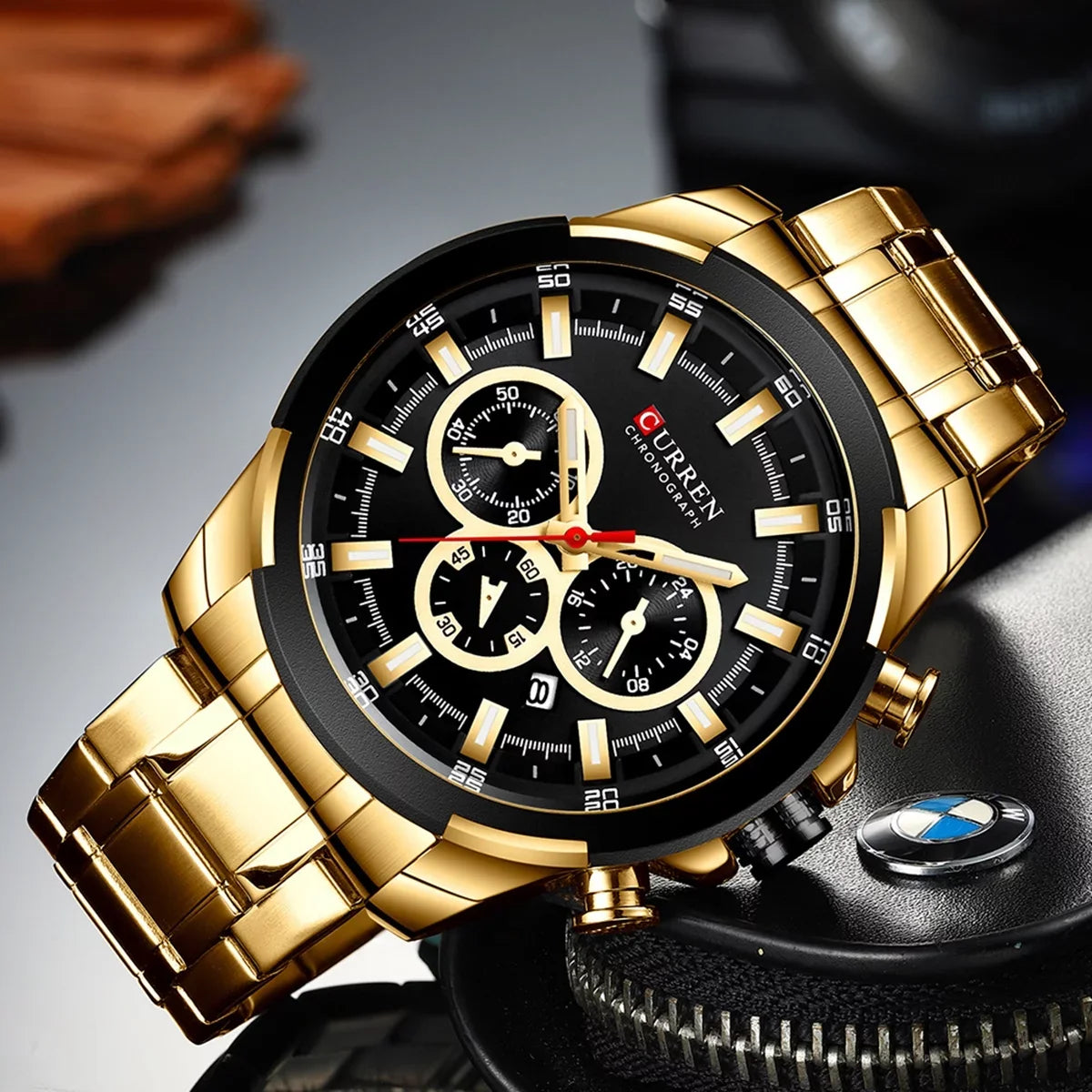 CURREN 8361 Quartz Man Wristwatch Watch for Male Men Watches with Calendar Indicator Date Waterproof Luminous Hands Three Sub-Dials Second Minute Microsecond Chronograph Stainless Steel Stra