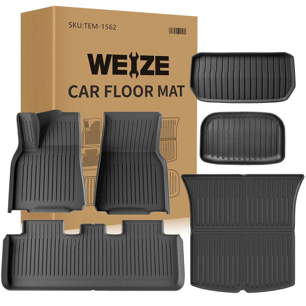 WEIZE Floor Mats Set for Tesla Model Y 2021-2023 2024, All Weather TPE Waterproof Anti-Slip Front & Rear Trunk Mats Cargo Liners Accessories, Custom Fit for Tesla 5-Seater, Set of 6 Mats