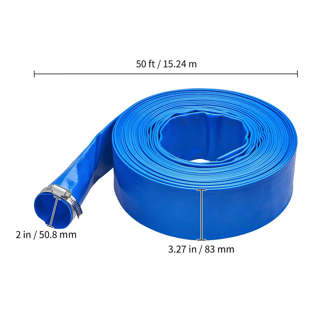 BENTISM Swimming Pool Filter Backwash Hose with Clamps 2'' x 50' Premium PVC Lay FLatitude Discharge Hose Blue Weather and Chemical Resistant