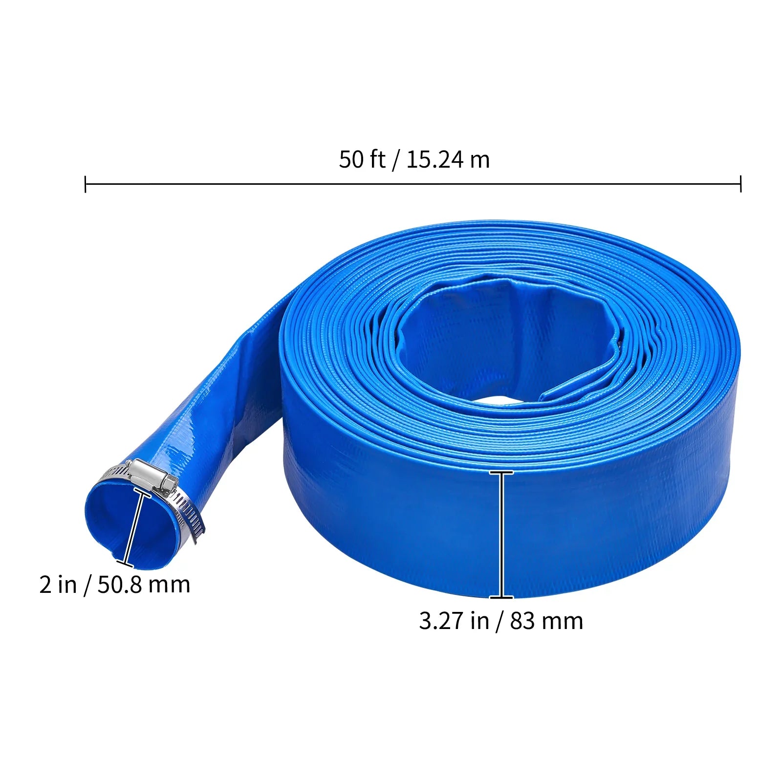 BENTISM Swimming Pool Filter Backwash Hose with Clamps 2'' x 50' Premium PVC Lay FLatitude Discharge Hose Blue Weather and Chemical Resistant