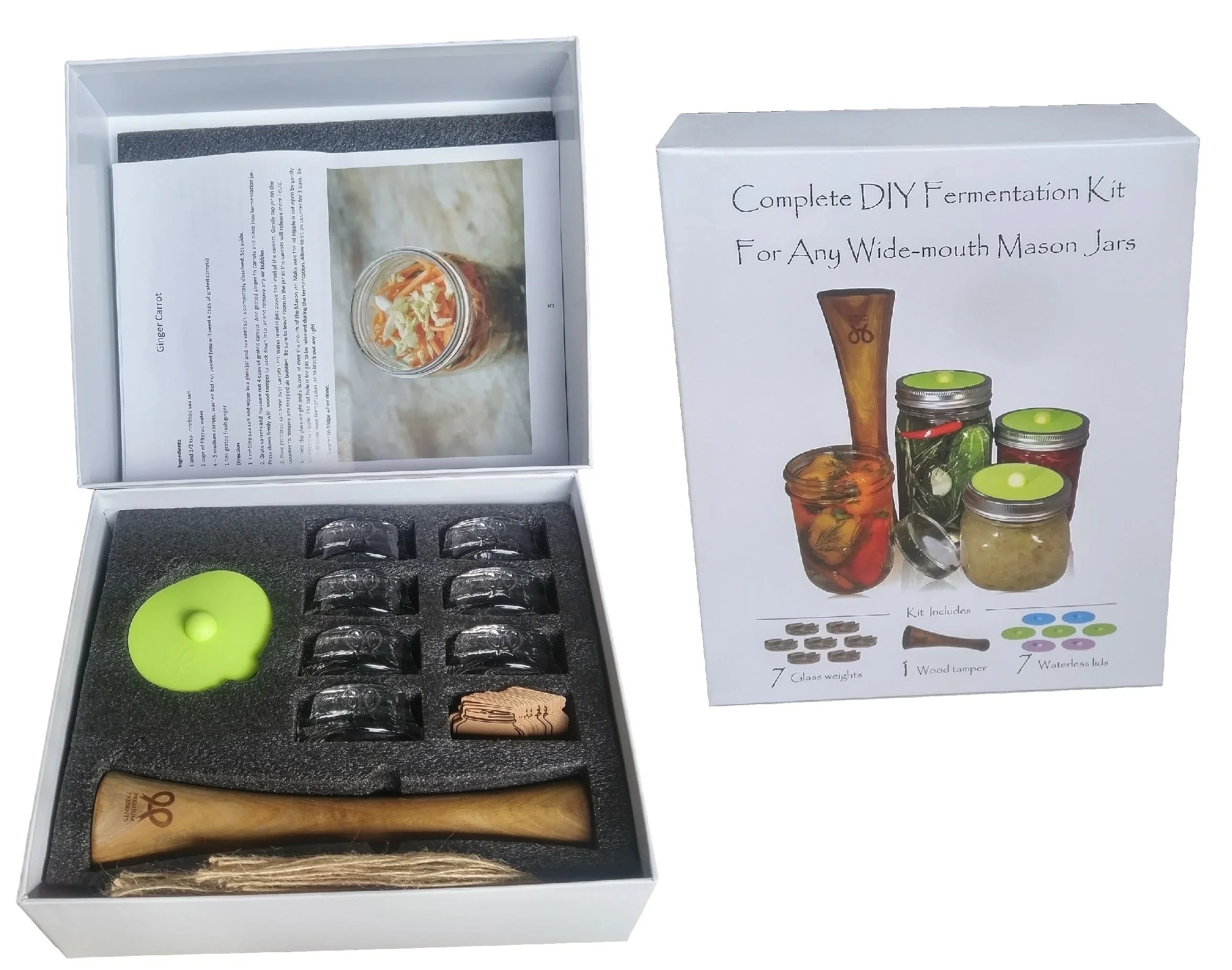Canning kit. Complete DIY fermentation kit for wide mouth mason jars or pickling jars for 7 sets for making pickles, sauerkraut, kimchi, etc  Glass weights, tamper, airlock lids, and recipe included.