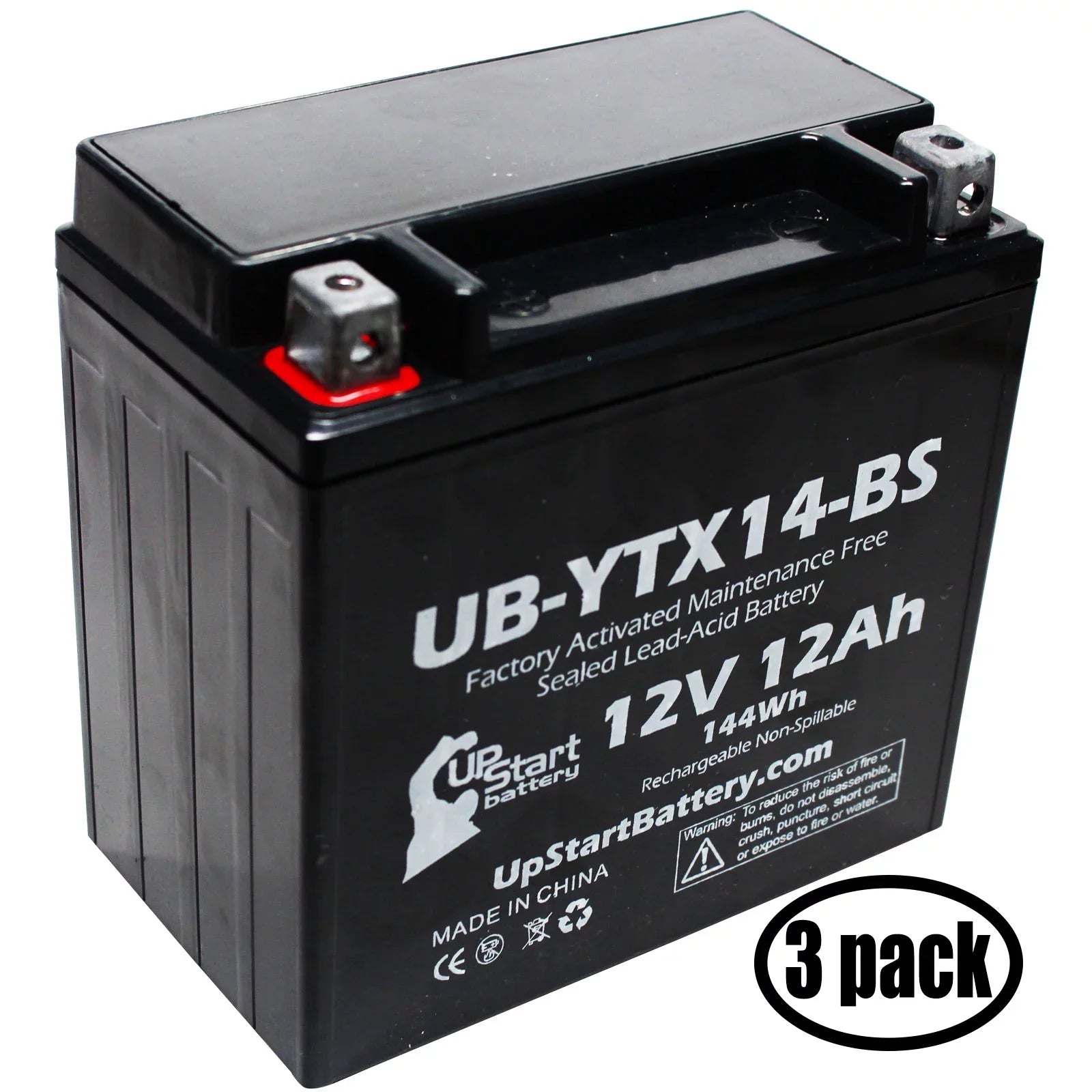 3-Pack UpStart Battery Replacement for 2010 BMW F800ST, GS 800 CC Factory Activated, Maintenance Free, Motorcycle Battery - 12V, 12AH, UB-YTX14-BS
