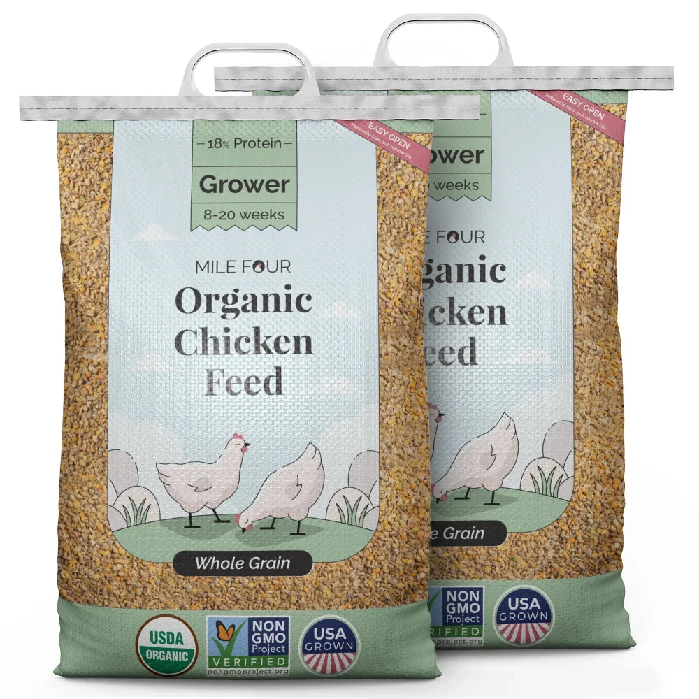Mile Four | Grower Organic Chicken Feed | 100% US Grown Grains, Certified Organic, Certified Non-GMO, Corn-Free, Soy-Free, Non-Medicated Chicken Food | 18% Protein | Whole Grain | 46 lbs.