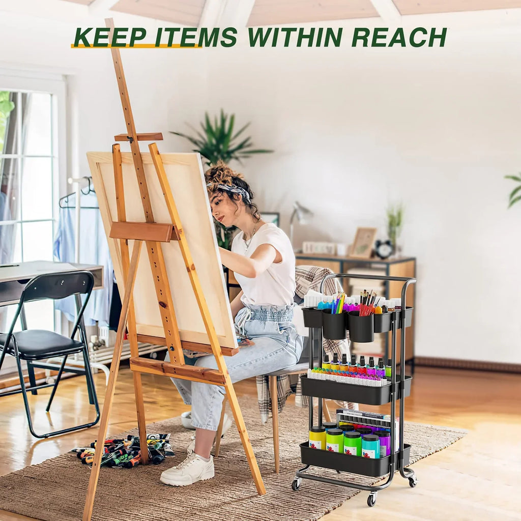 Annvchi  Utility Rolling Cart with Wheels3-Tier, Multi-Functional Storage Trolley, Storage Organizer Cart,  with Handle Multifunctional Storage Shelves for Kitchen Living Room Office Black