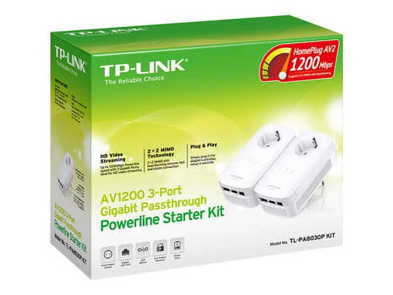 TP Link AV1200 3 Gigabit Port Pass Through Power Line Adapter Home Starter Kit