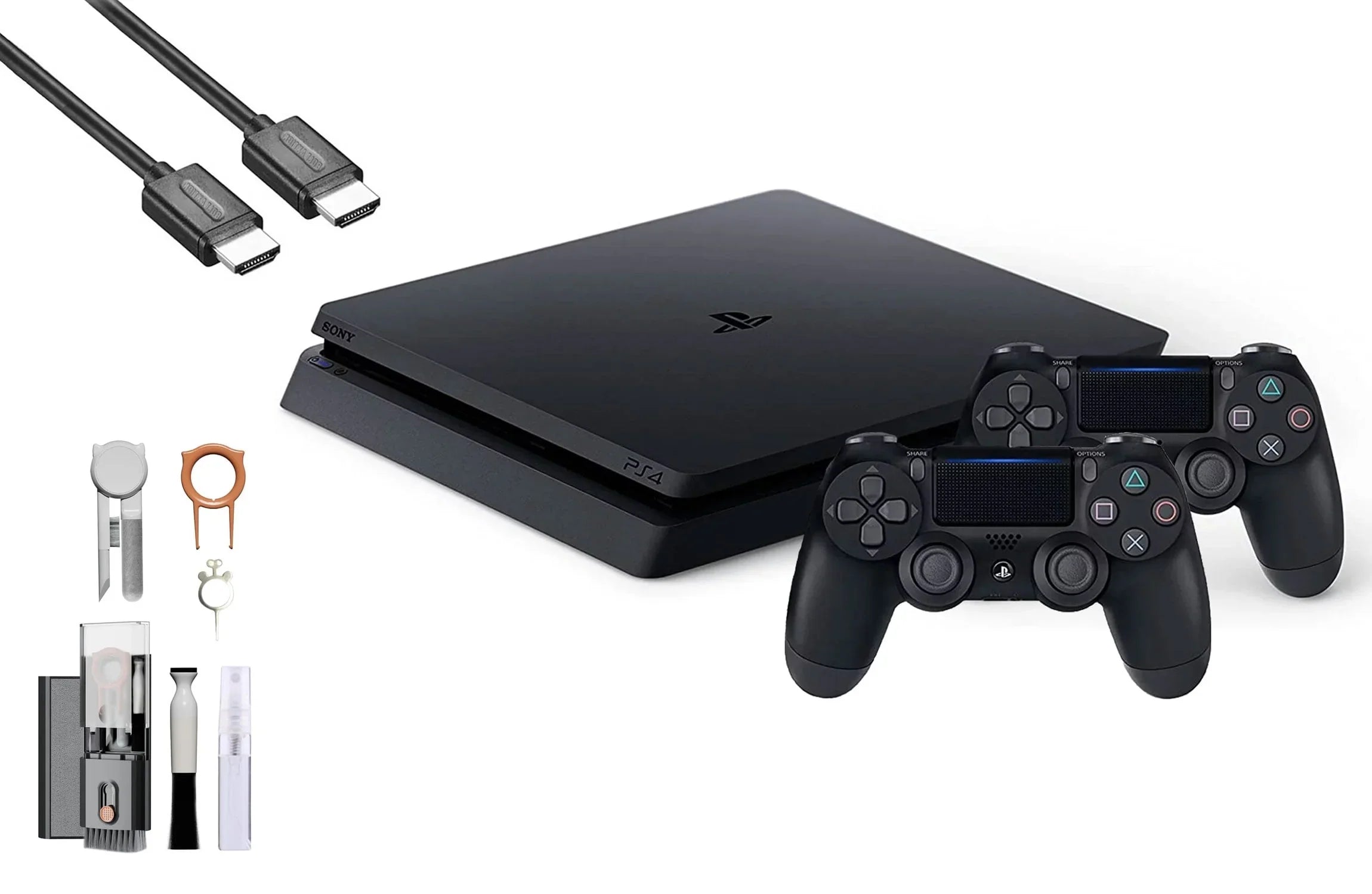 2215B PlayStation 4 Slim 500GB Gaming Console Black, HDMI Cable 2 Controller With BOLT AXTION Cleaning Kit Bundle Like New