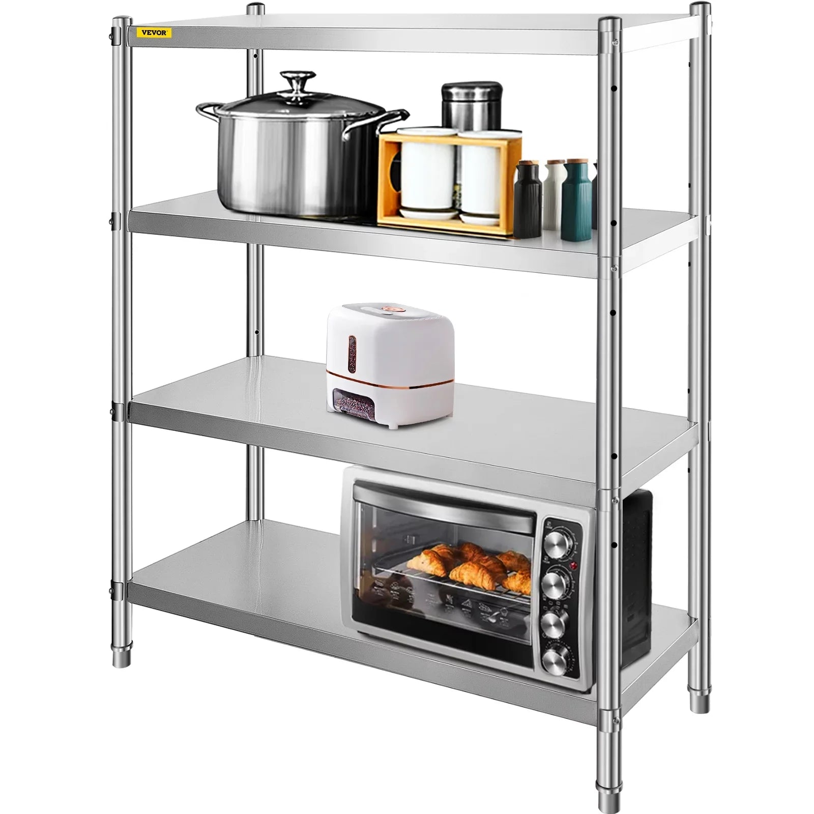 VEVORbrand 4-Tier Shelf Stainless Steel Shelving 330LB Capacity per Shelf Commercial Standing Shelf Unit  for Kitchen, Office, Garage Storage