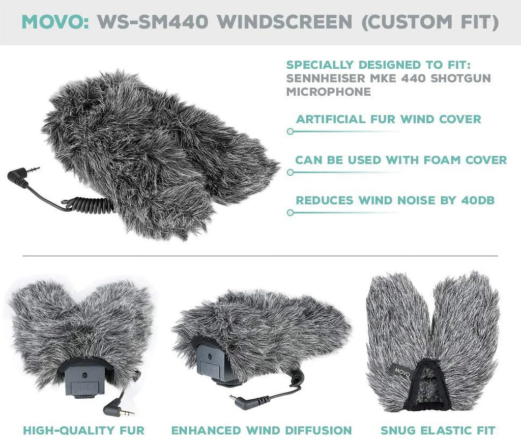 Movo WS-SM440 Furry Outdoor Microphone Winddisplay Muff Custom Fit for Sennheiser MKE 440 Compact Stereo Shotgun Microphone