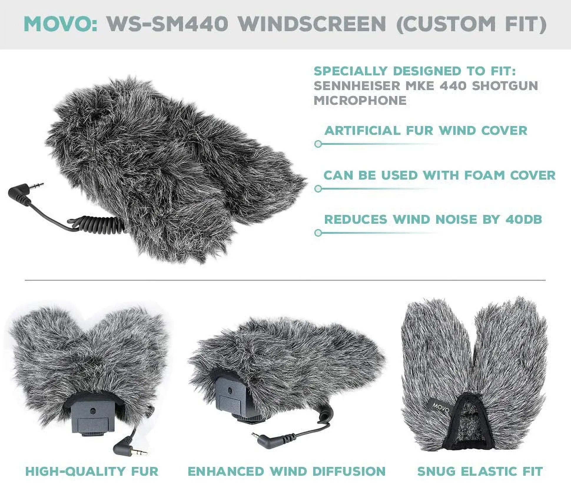 Movo WS-SM440 Furry Outdoor Microphone Winddisplay Muff Custom Fit for Sennheiser MKE 440 Compact Stereo Shotgun Microphone