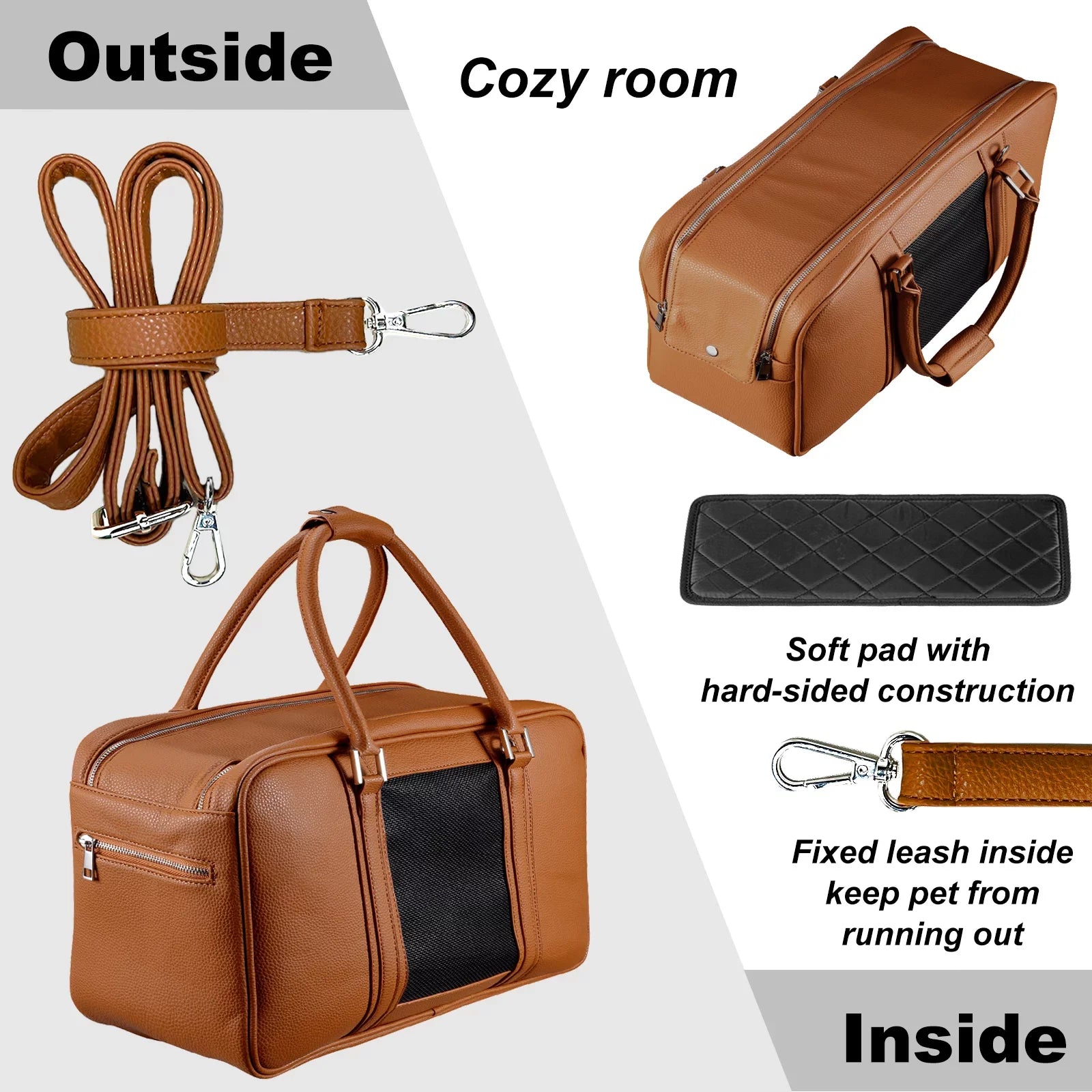 Fashion Dog Purse Carrier for Small Dogs with 2 Extra Pockets, Holds Up to 10lbs Pu Leather Cloth Pet Carrier, Cat Carrier, Airline Approved Puppy Purse Carrier for Travel (Brown, Small Size)