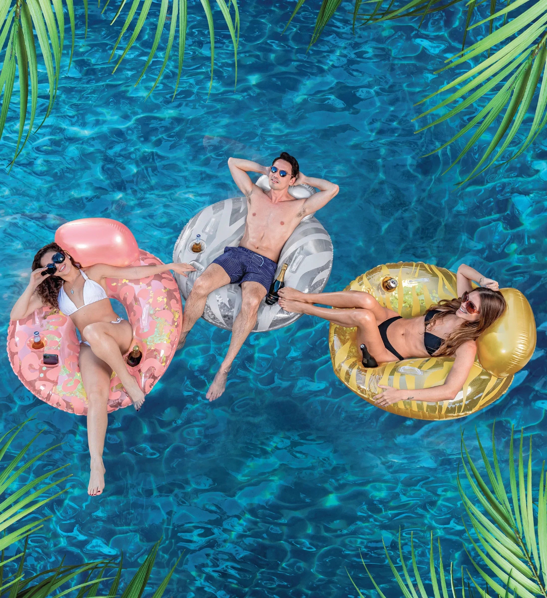 POZA InfLatitudeable Luxury Tubes with Back Rest - Rose Gold, Gold, Silver Sparkle Confetti Filled Luxurious Lounger, Thick Pool Float Tubes, Built in Phone and Cup Holder with Handles, 42 Inch, Pack of 3