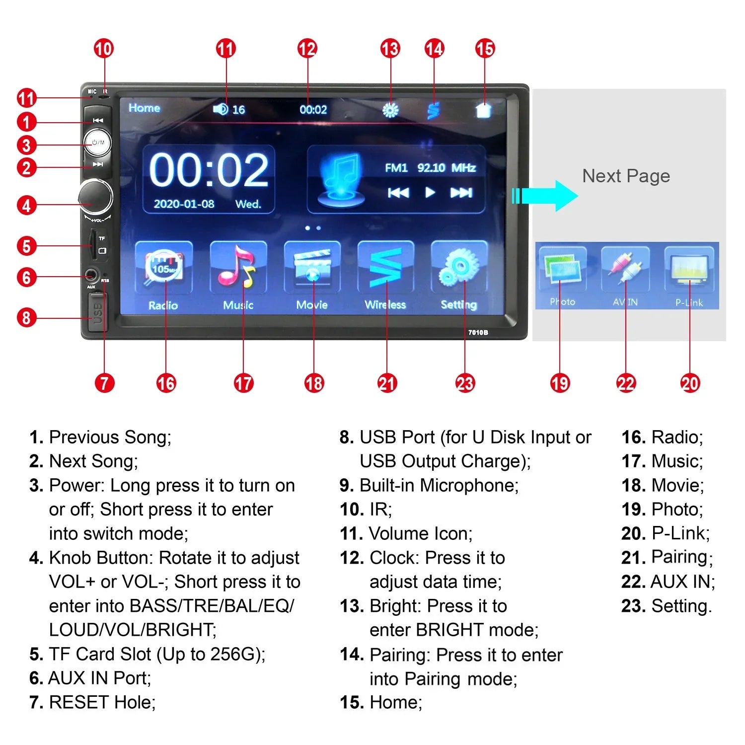 New 7" Car MP5 Radio, iMounTEK HD Touch Screen Car Multimedia Player, FM AUX USB TF Input, with Backup Camera