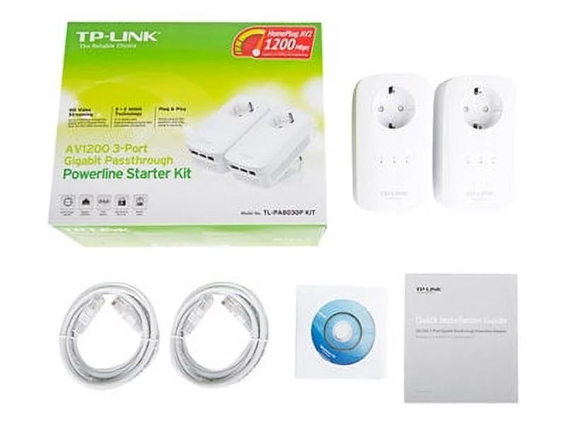 TP Link AV1200 3 Gigabit Port Pass Through Power Line Adapter Home Starter Kit
