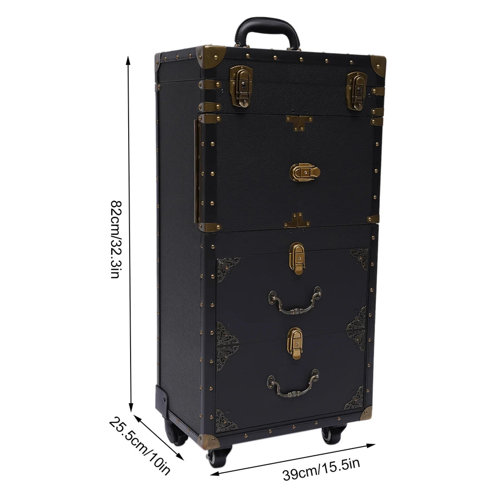 Miumaeov Rolling Lockable Makeup Train Case, Hairdressing Trolley Stylist Beauty Salon Cosmetic Luggage, Travel Organizer Tool Box with Hair Dryer Holder
