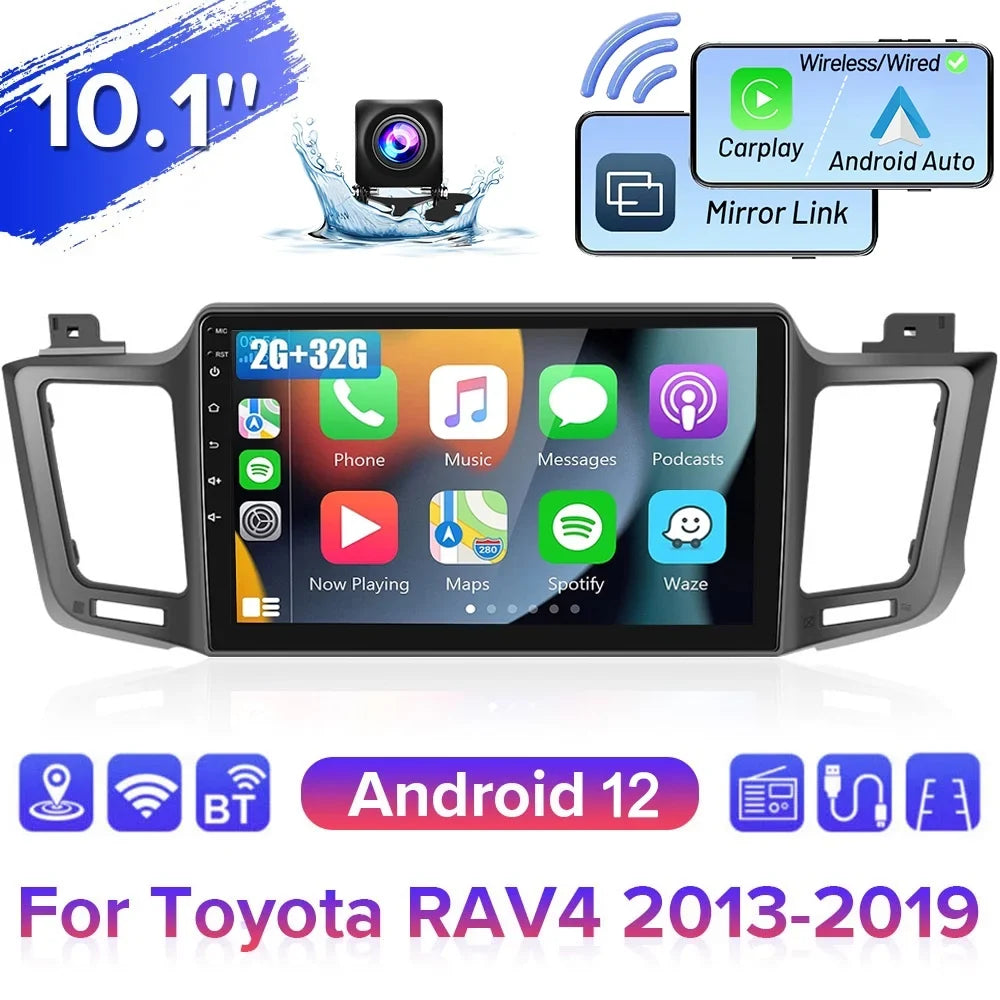 Podofo 2+32G for Toyota RAV4 2013-2019 Wireless Carplay Android Auto Mirror Link 10'' Touchdisplay Car Stereo Radio Android 12 HD 1080P WIFI GPS FM Bluetooth, AHD Backup Camera