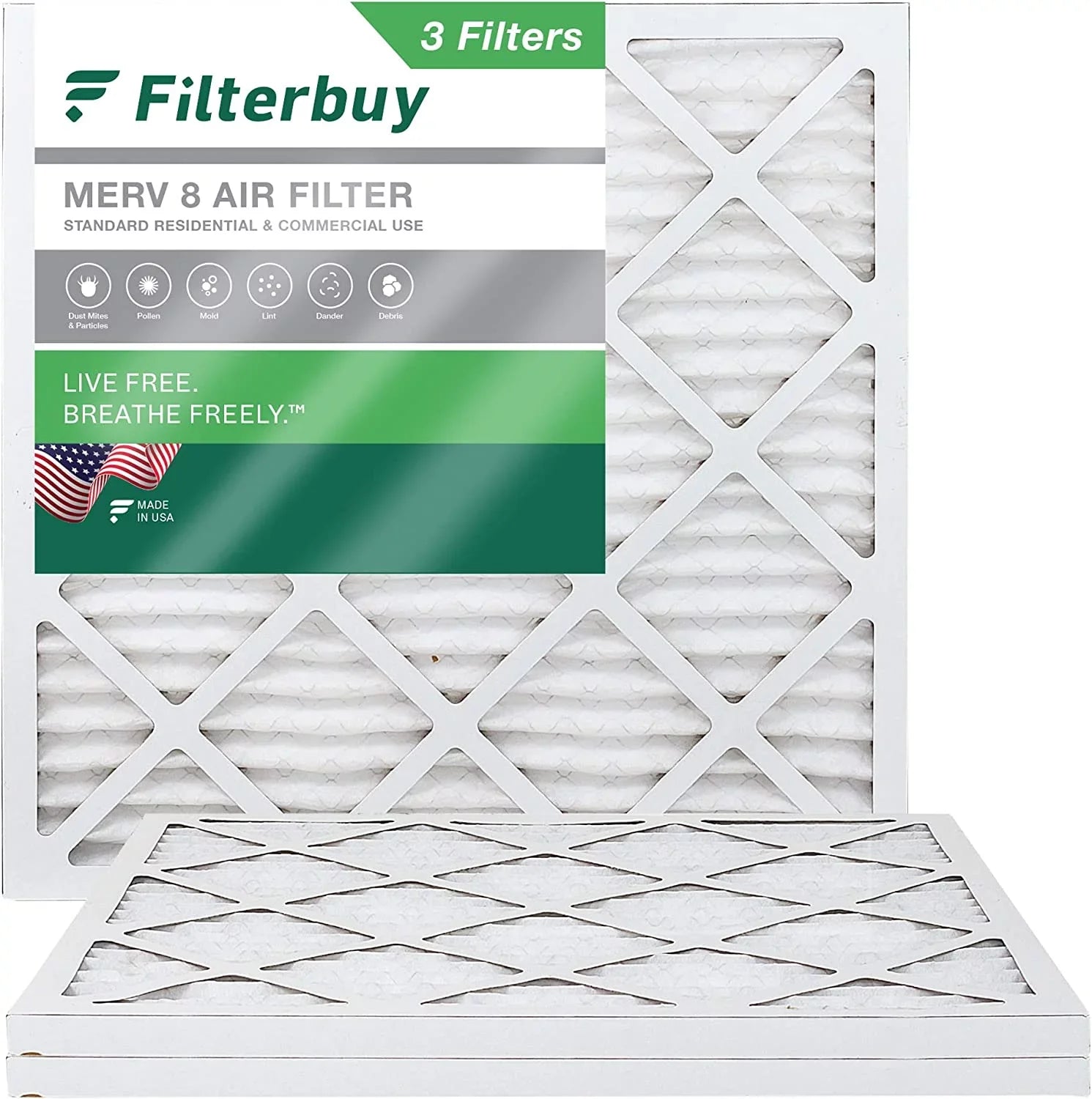 Filterbuy 8x8x1 MERV 8 Pleated HVAC AC Furnace Air Filters (3-Pack)