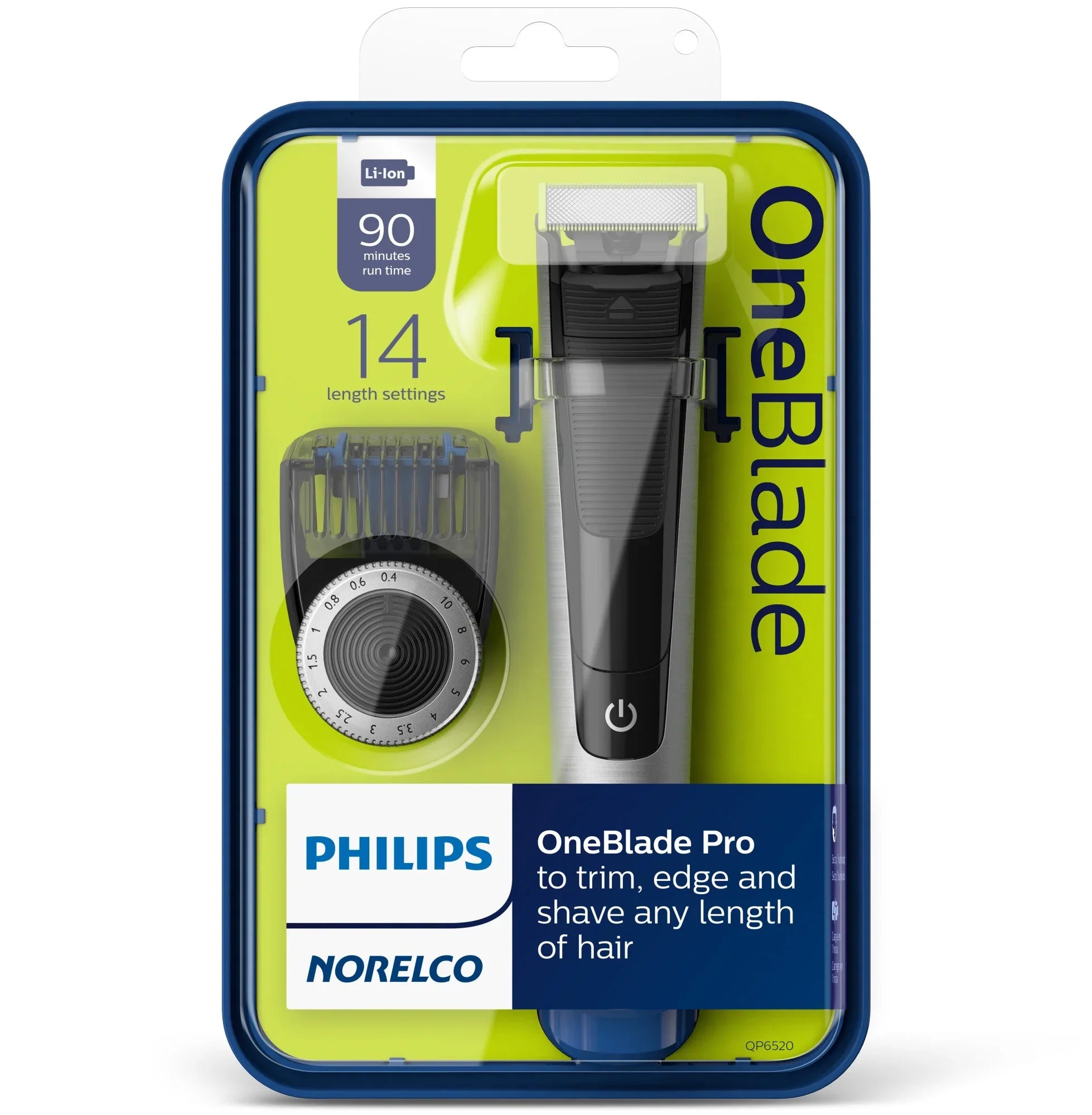 Philips Norelco Oneblade Pro Hybrid Electric Trimmer and Shaver, QP6520/70 (14 Length Comb)