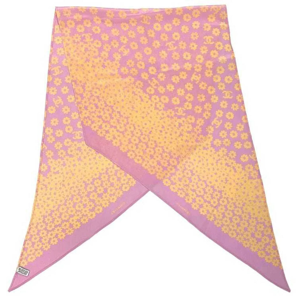 Pre-Owned Chanel scarf muffler pink yellow flower silk 100% CHANEL here mark see-through ladies (Good)