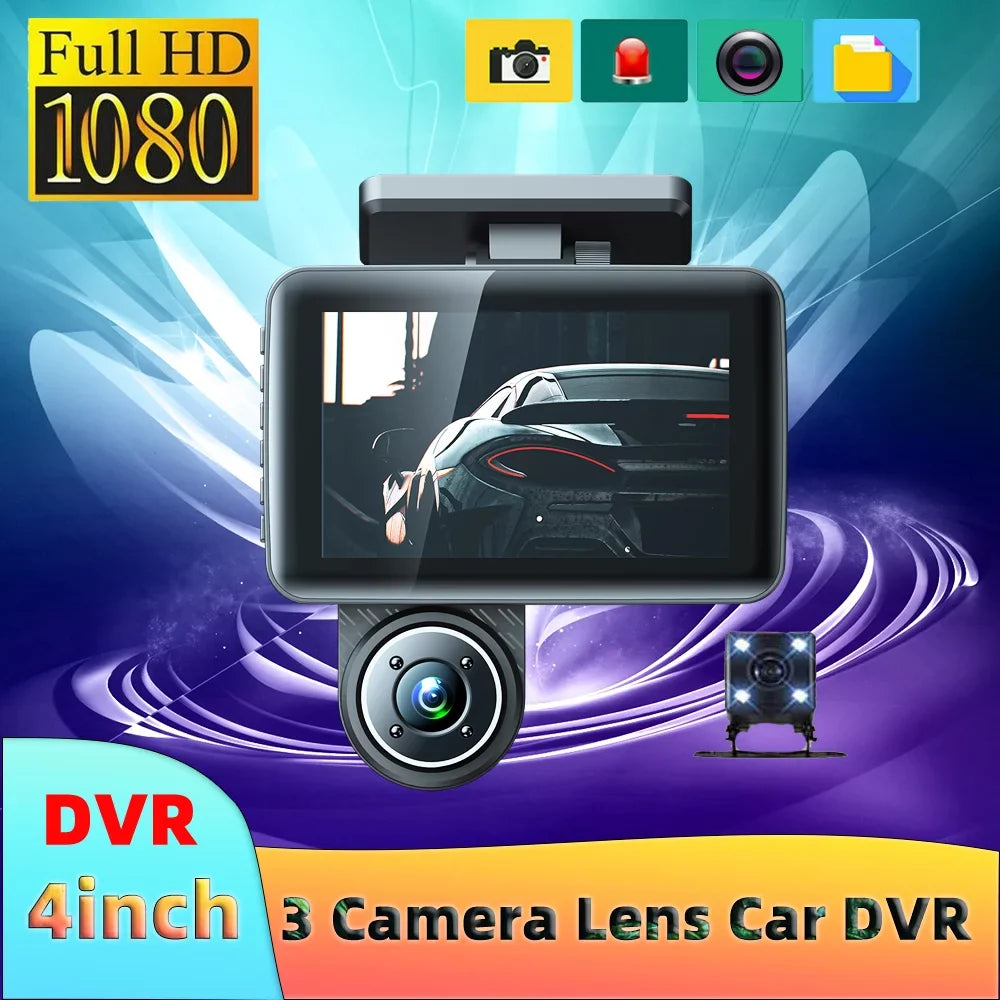Carevas 3 Cameras Dash Cam 4in Clear Car Rearview Mirror Car Video Recording Camcorder Wide Angle Car Camera Recorder Auto Safety Driving Recorder