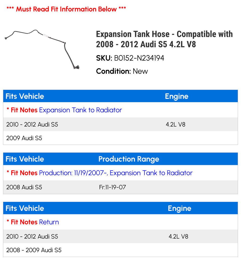 Expansion Tank Hose - Compatible with 2008 - 2012 Audi S5 4.2L V8 2009 2010 2011