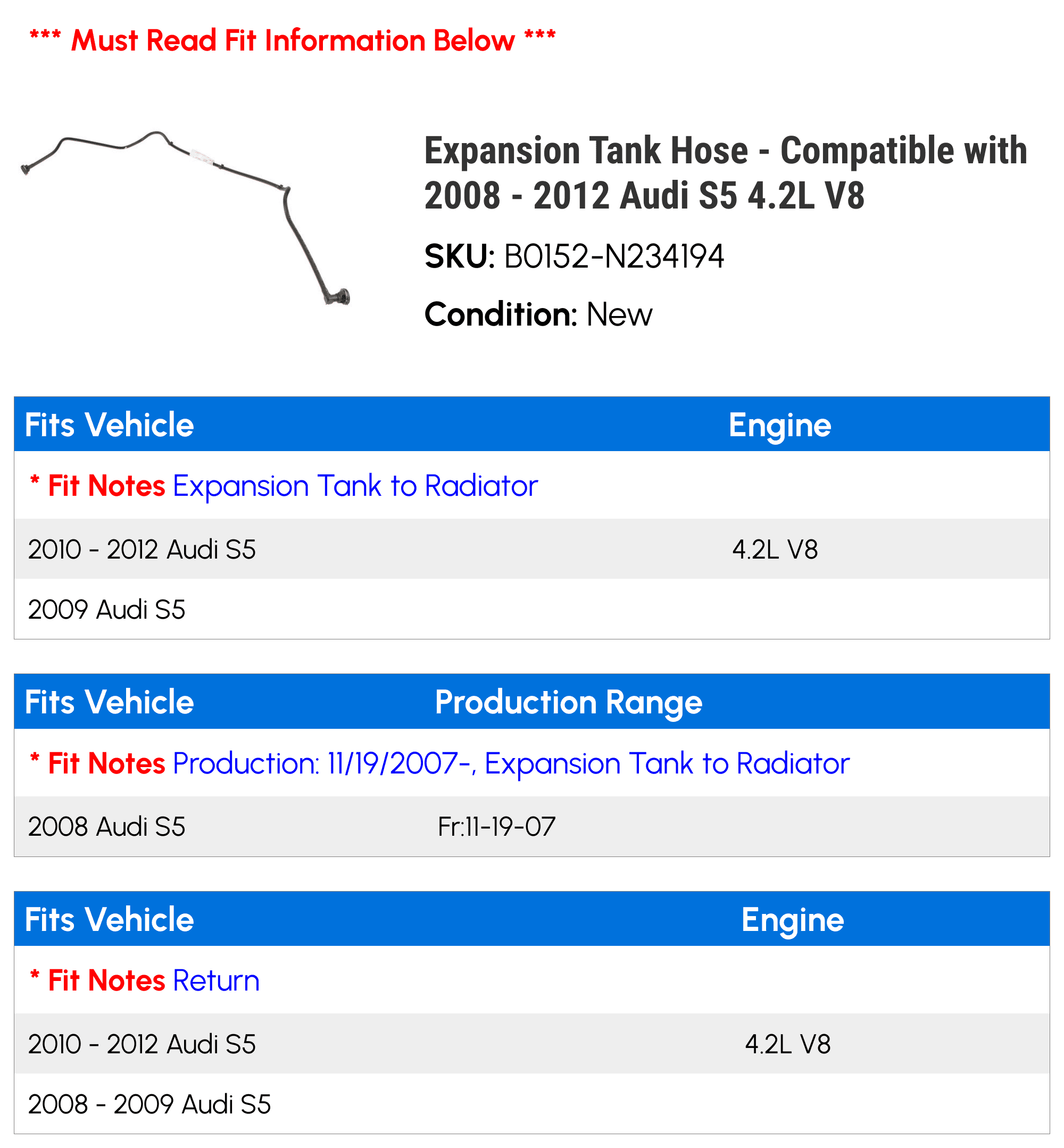 Expansion Tank Hose - Compatible with 2008 - 2012 Audi S5 4.2L V8 2009 2010 2011