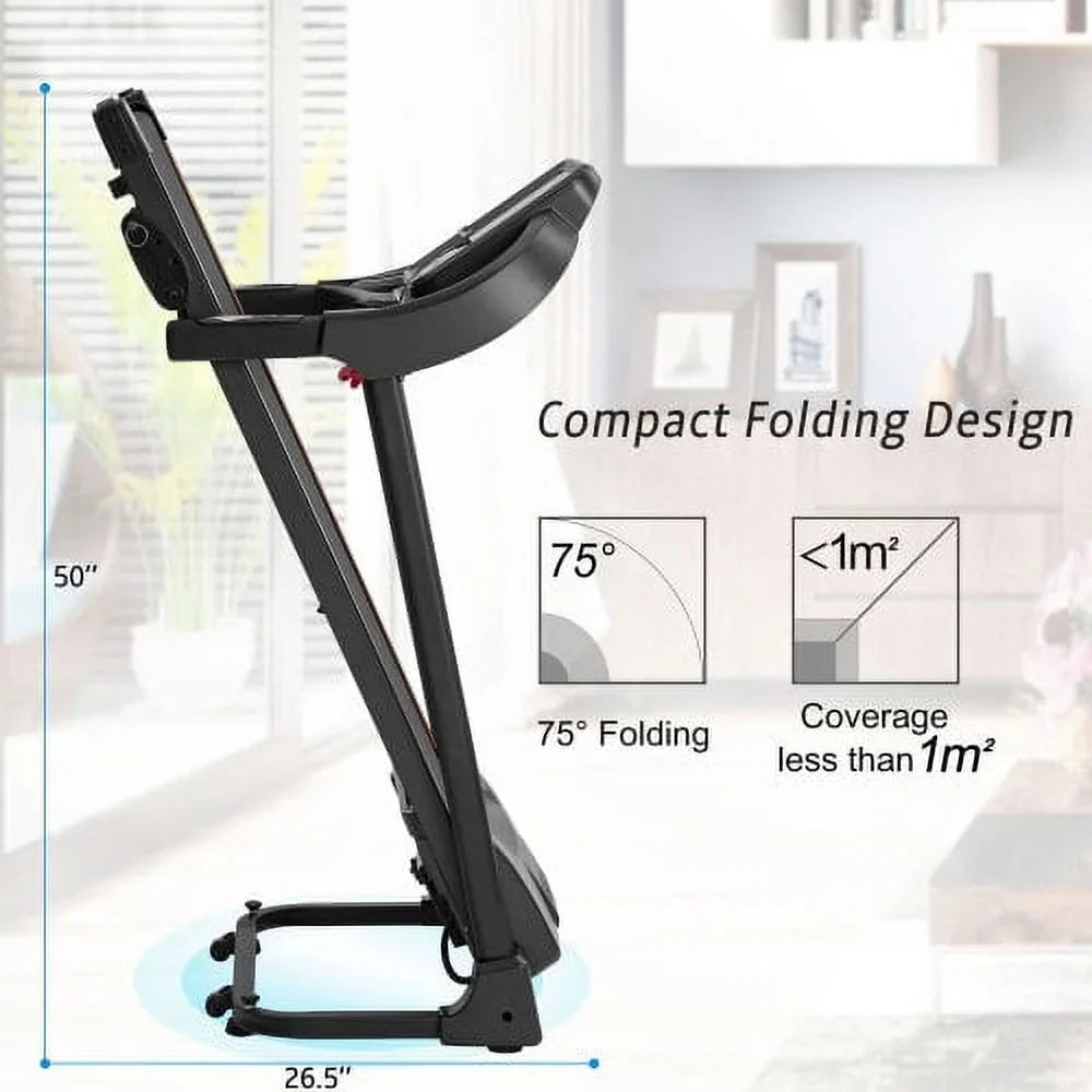 Compact Easy Folding Treadmill Motorized Running Jogging Machine with Audio Speakers and Incline Adjuster Large LCD display