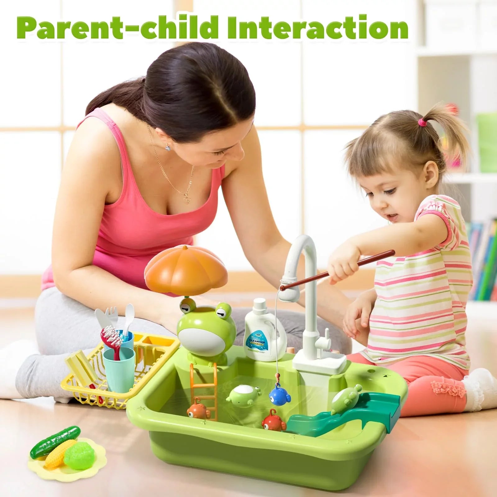 Play Sink with Running Water, Kitchen Sink Toys with Upgraded Electric Faucet, Play Kitchen Toy Accessories, Pool Floating Fishing Toys for Water Play, Kids Role Play Dishwasher Toy