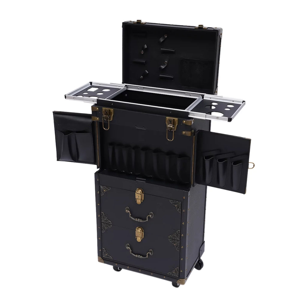 Miumaeov Rolling Lockable Makeup Train Case, Hairdressing Trolley Stylist Beauty Salon Cosmetic Luggage, Travel Organizer Tool Box with Hair Dryer Holder