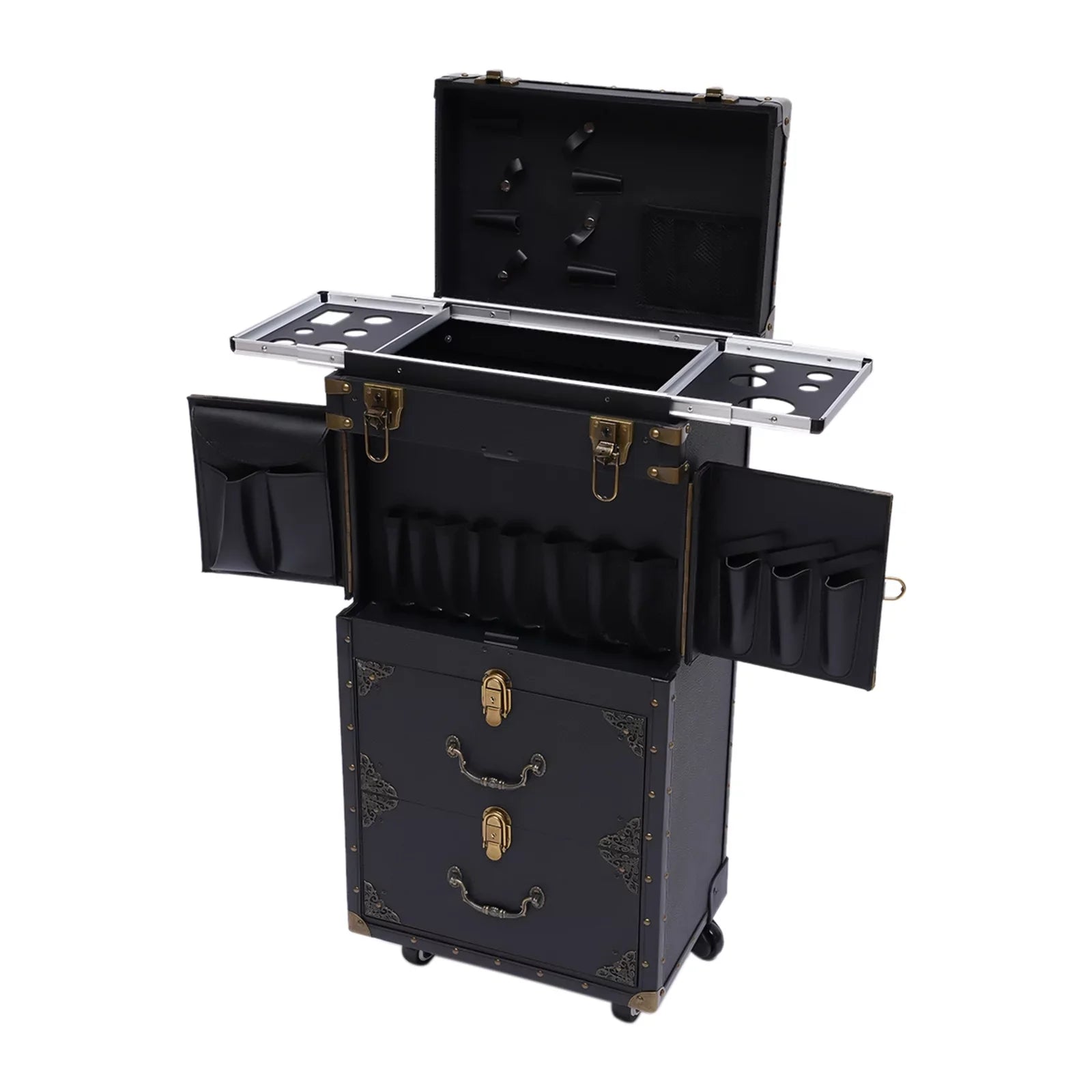 Miumaeov Rolling Lockable Makeup Train Case, Hairdressing Trolley Stylist Beauty Salon Cosmetic Luggage, Travel Organizer Tool Box with Hair Dryer Holder