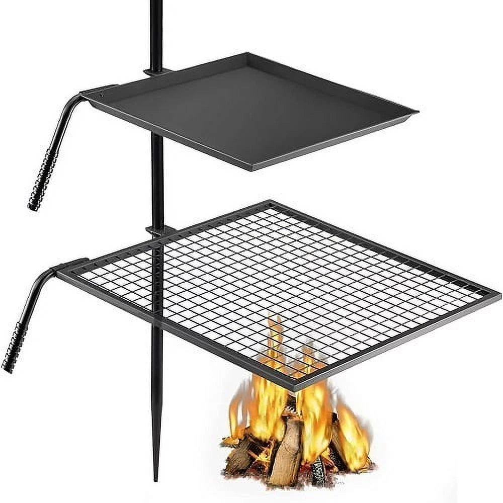 Campfire Grill Grate,Double Layer Fire Pit Grill Grate Over Fire Pit,Three Section Height Adjustable Grill Grate for Outdoor Open Flame Cooking